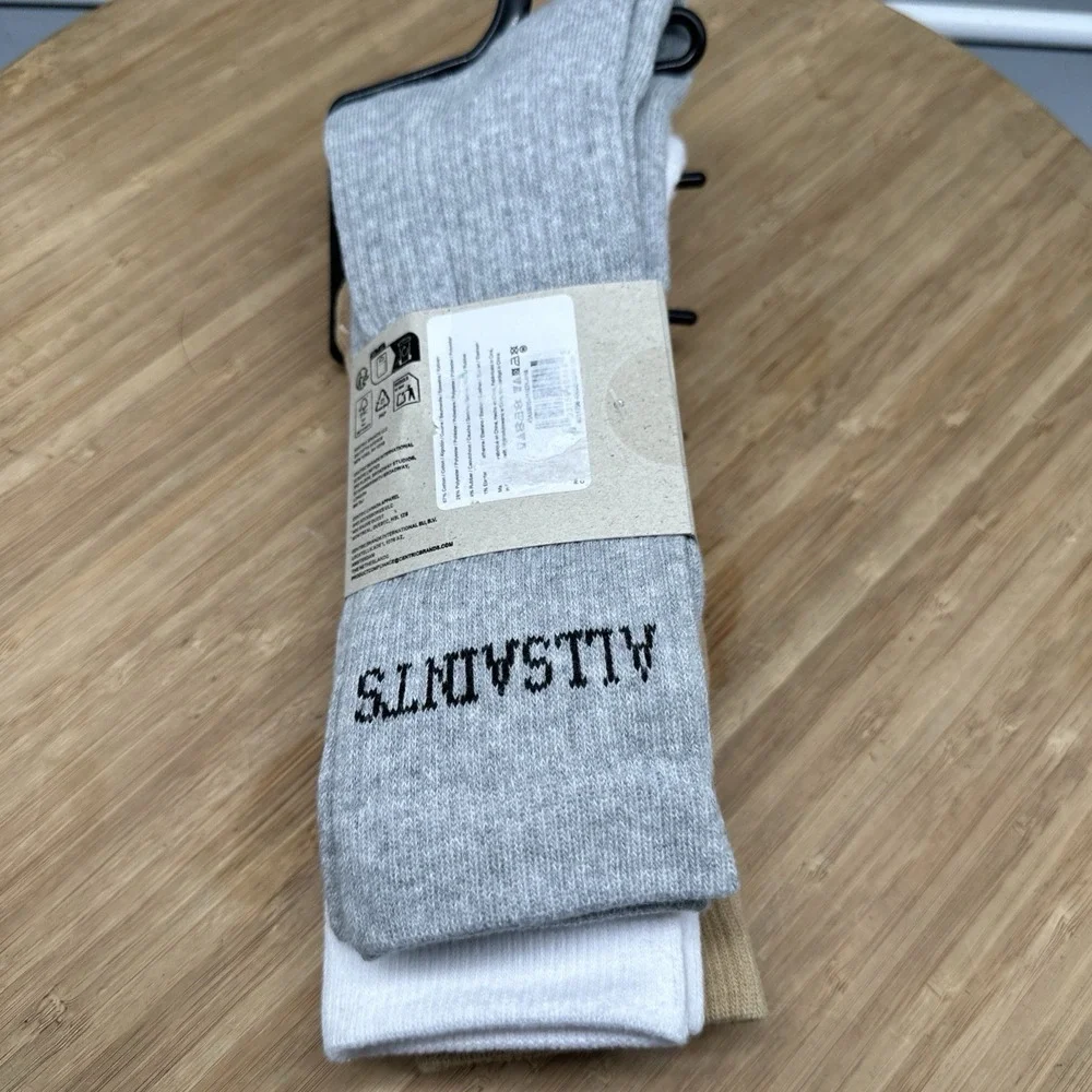 All Saints Logo Crew Socks 3 Pack White,Grey,Tan Men's 7-13 New With Tags